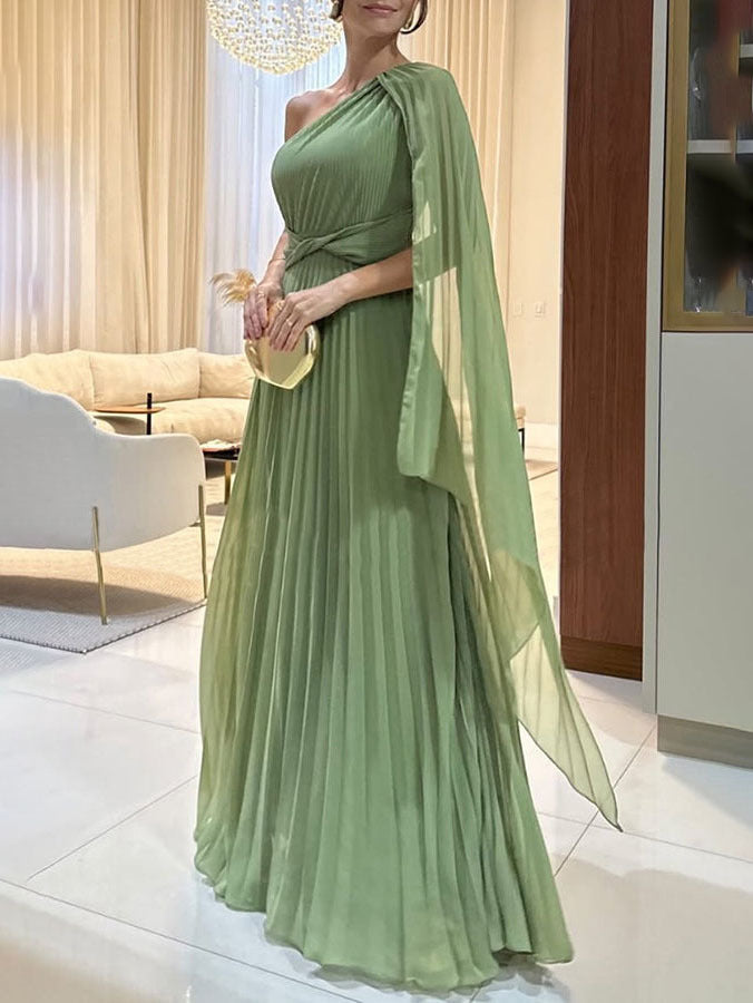 Trendy one-schouder maxi jurk met plisséplooien – Mirella