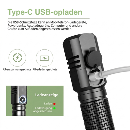 Mini LED Taschenlampe Wiederaufladbar – 10000 Lumen – USB-C & Zoomfunktion
