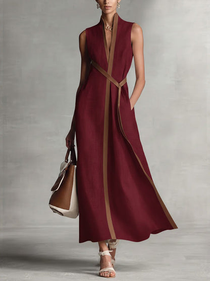 Damen Ärmelloses Baumwoll-Leinen Freizeitkleid mit Stehkragen