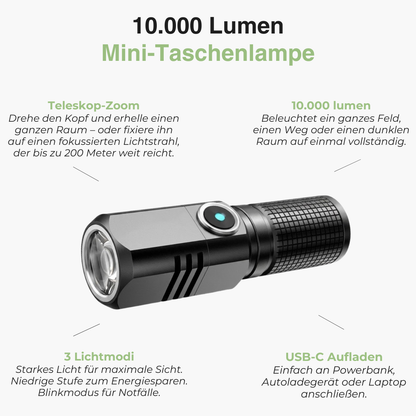 Mini LED Taschenlampe Wiederaufladbar – 10000 Lumen – USB-C & Zoomfunktion