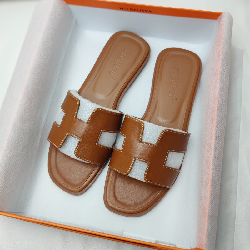 Women’s Leather Sandals Slip On H Strap Design Low Heel Elegant Summer Casual Footwear