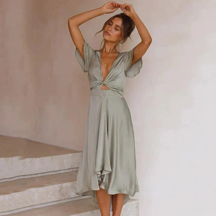 Women's Satin Midi Dress Deep V-Neck Tie Front Flutter Sleeve