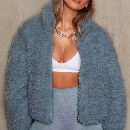 Woll-Teddyjacke mit Reißverschluss und hohem Kragen
