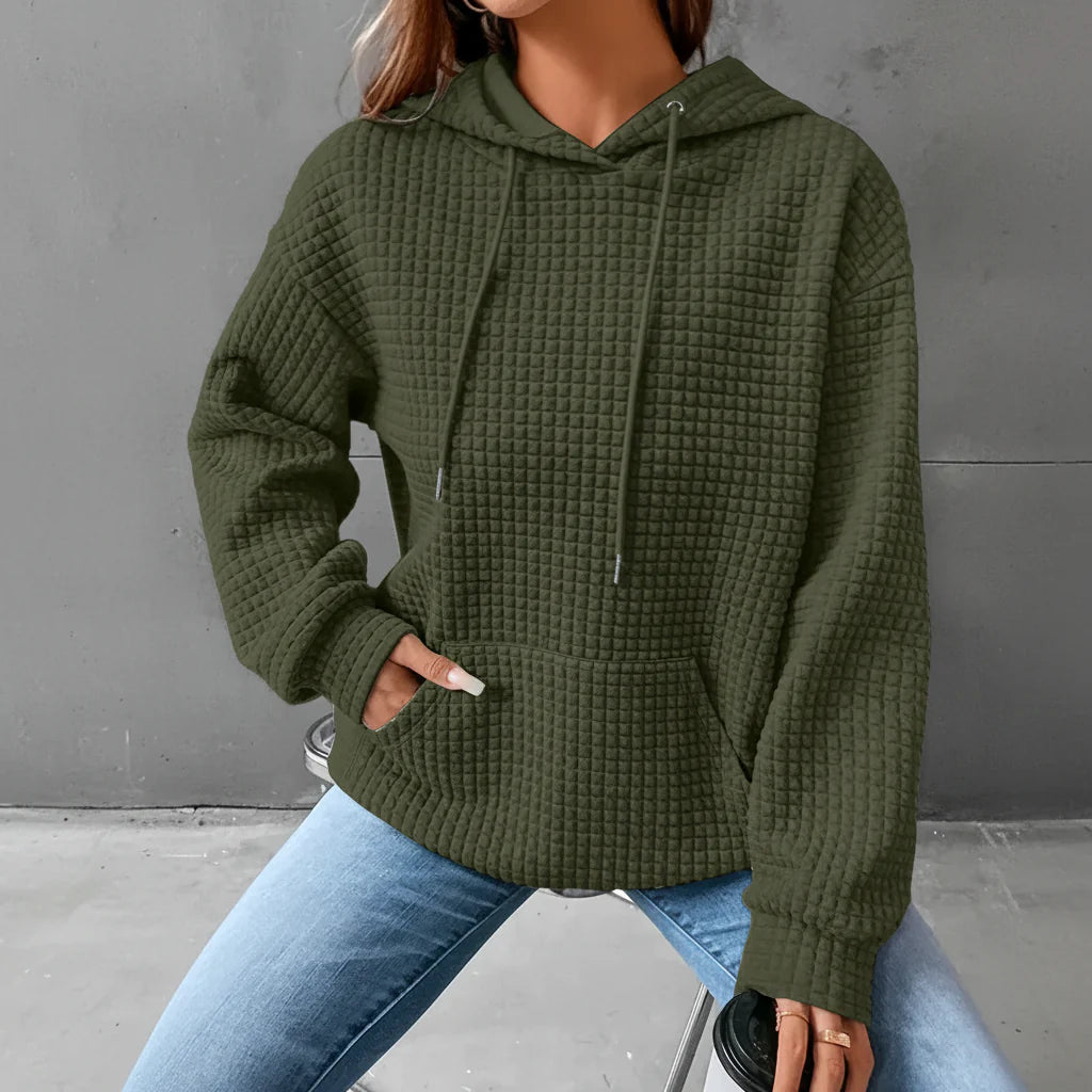 Waffle Grid Kangaroo Pocket Drawstring Hoodies Sweatshirt