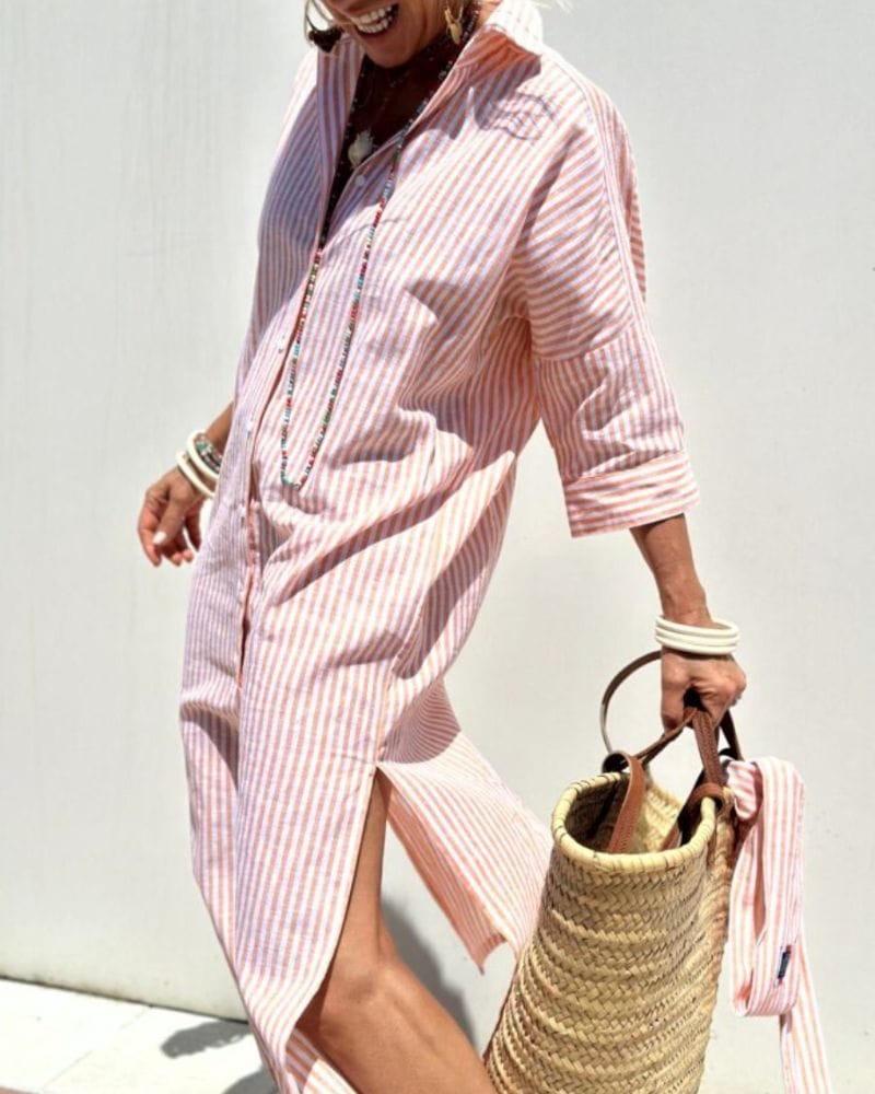 Jaldea - Striped Button Front Shirt Midi Dress