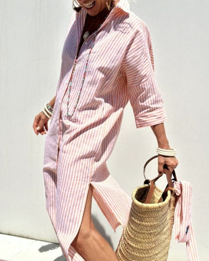 Jaldea - Striped Button Front Shirt Midi Dress