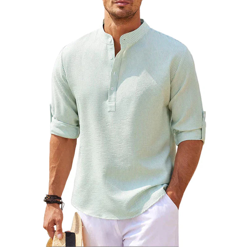 Men's Linen Henley Shirt Long Sleeve Casual Lightweight Pullover Top