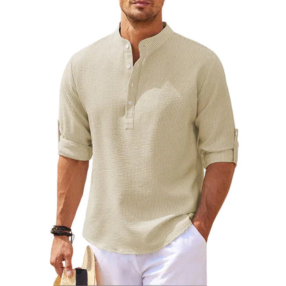 Men's Linen Stand Collar Shirt Relaxed Fit Casual Button Front Top