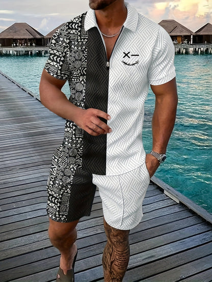 Xylaric | Casual tweedelige set voor heren – T-shirt met reverskraag en korte broek met trekkoord
