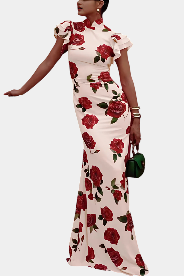 Mayra Vestido Qipao con Estampado de Rosas Elegante