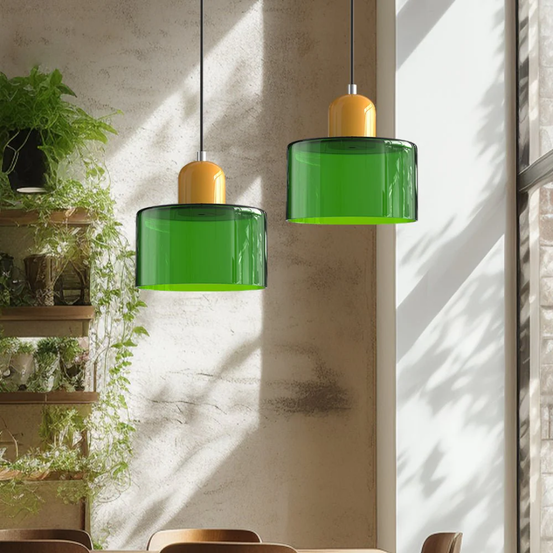 Tusa – Retro hänglampa med orange glaskupa & grön ovandel
