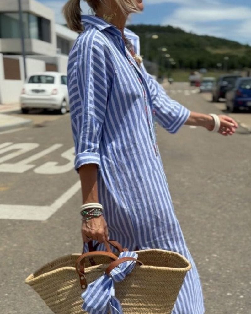 Jaldea - Striped Button Front Shirt Midi Dress