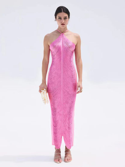 Elegantes langes Damenkleid mit Schlitz und raffiniertem Kragen