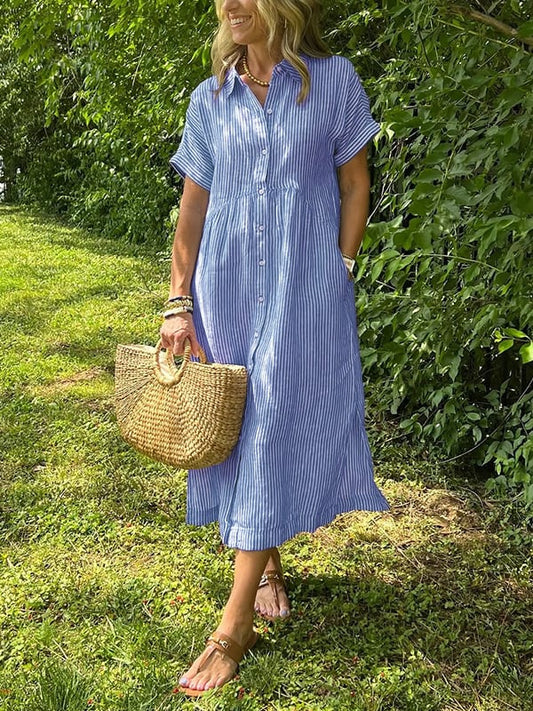 Klaudia | Sukienka koszulowa midi damska w paski z guzikami