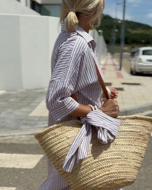Jaldea - Striped Button Front Shirt Midi Dress