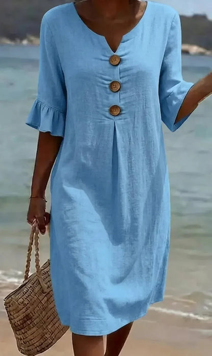Mlaina - Button Front Ruffle Sleeve Midi Dress