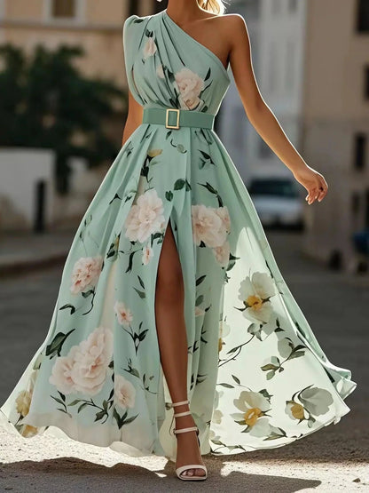 The Flora — One Shoulder Floral Chiffon Maxi Dress with Split