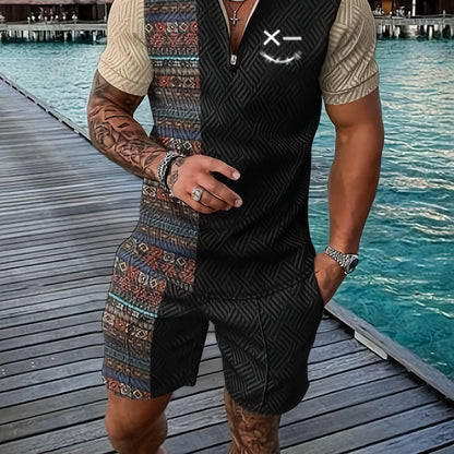 Xylaric | Casual tweedelige set voor heren – T-shirt met reverskraag en korte broek met trekkoord