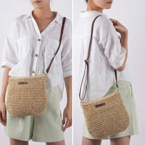 Women's Straw Shoulder Bag | Vegan Leather Strap