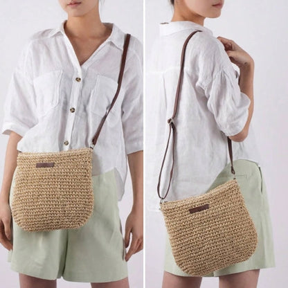 Women's Straw Shoulder Bag | Vegan Leather Strap