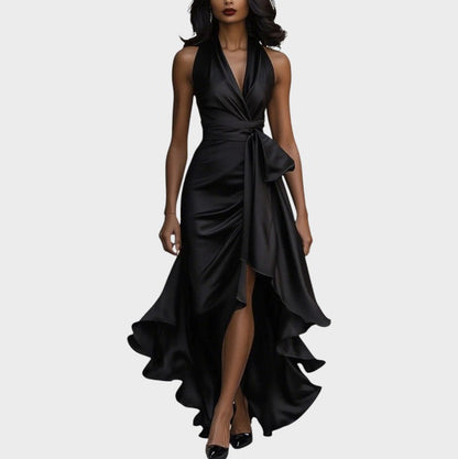 Midnight Satin Neckholderkleid mit Rüschen-Details