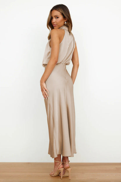 Elegant Ivy Long Satin Dress featuring a sophisticated halter neckline, perfect for weddings and formal events. - 9