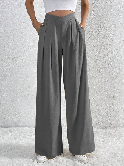 Pantalon Large Plissé Taille Haute Femme – Style Décontracté d’Été