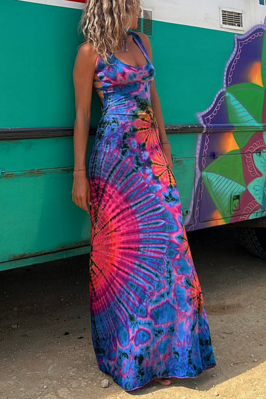 Junaria - Robe maxi avec imprimé tie-dye, lacée à l'arrière, extensible (avec soutien-gorge intégré)