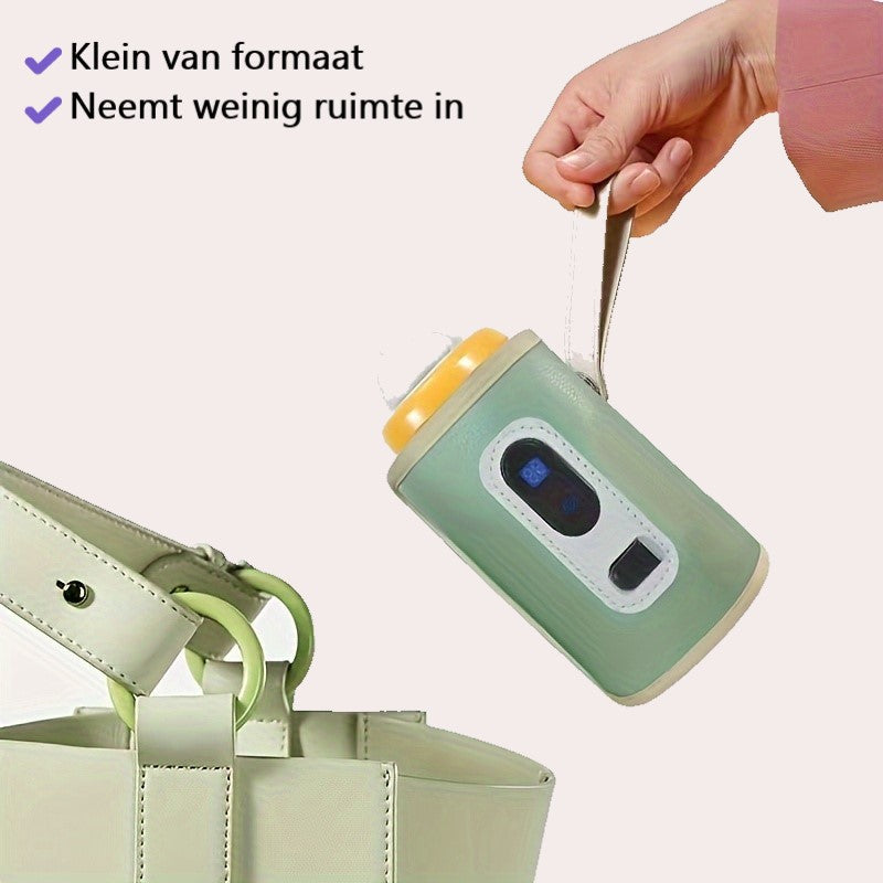 Petit thermos vert avec poignée, idéal pour le voyage. Design compact, facile à transporter, parfait pour sac à main. Accessoire pratique et tendance.