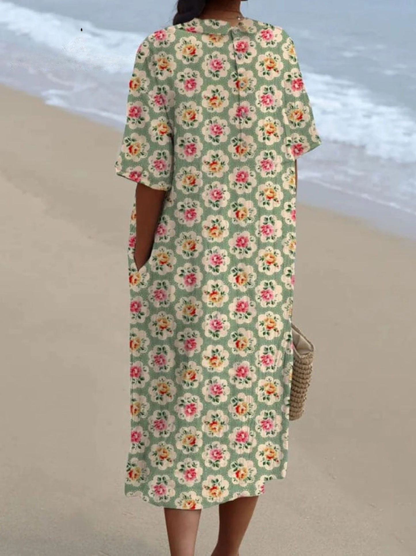 Women's Linen V-Neck Floral Print Midi Dress