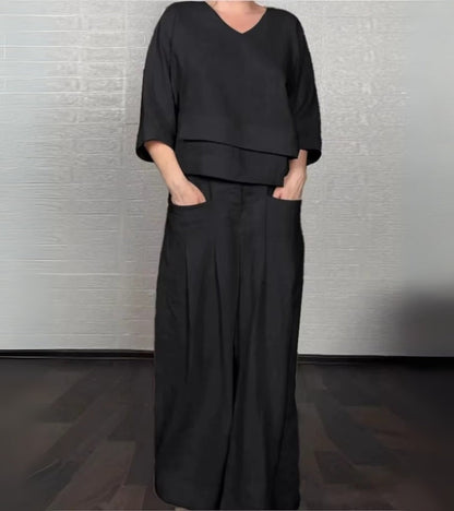 Sonja | Elegant women's outfit with asymmetric top and wide-leg trousers