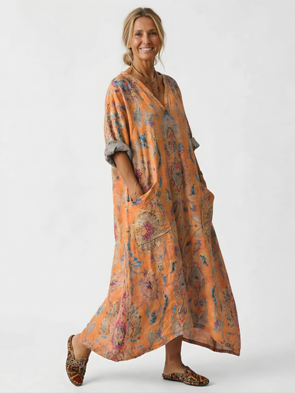 Women’s Linen Kaftan Boho Maxi Dress Floral Embroidered V Neck Relaxed Tunic