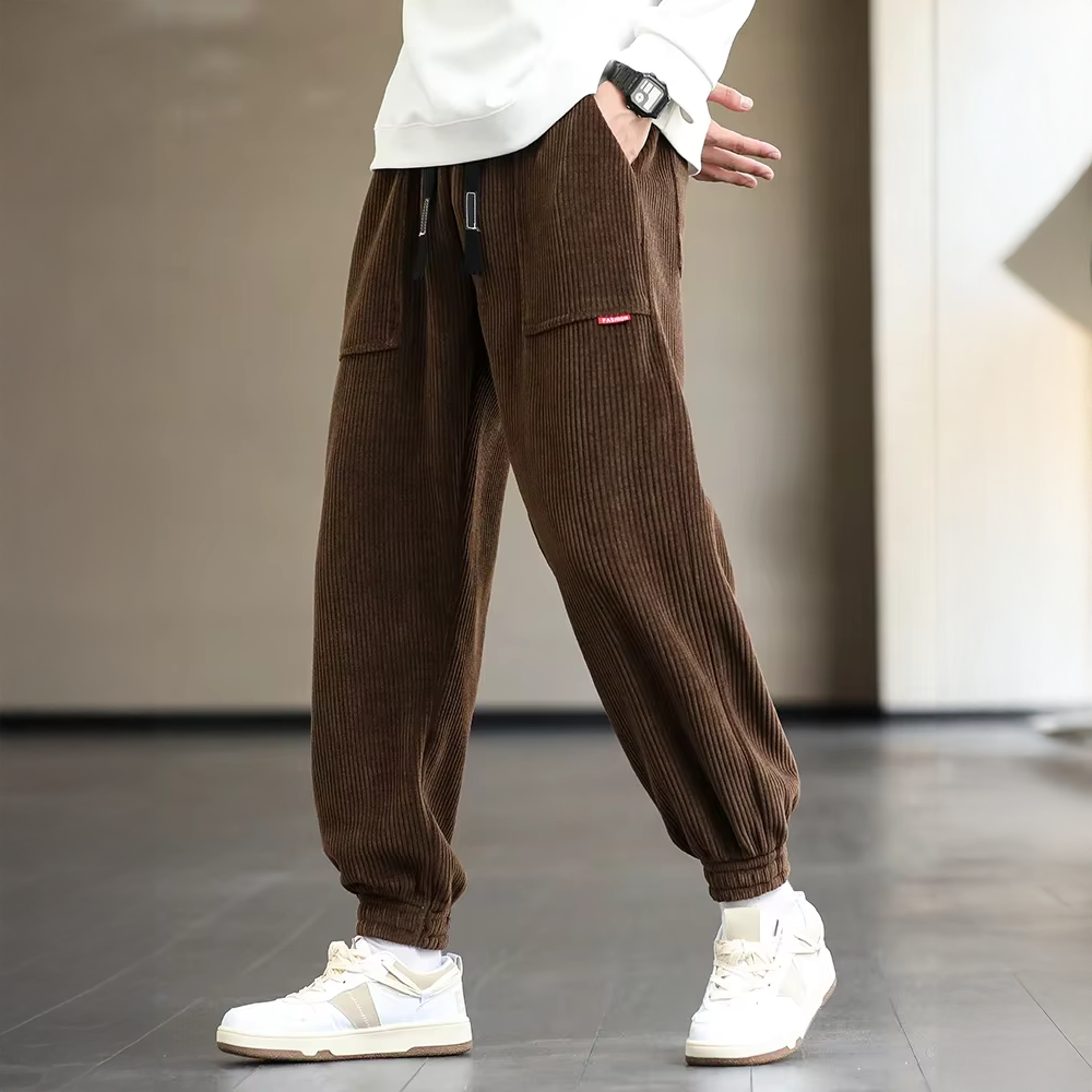 Men's Streetwear Style Corduroy Trousers with Elastic Waist and Cuffs