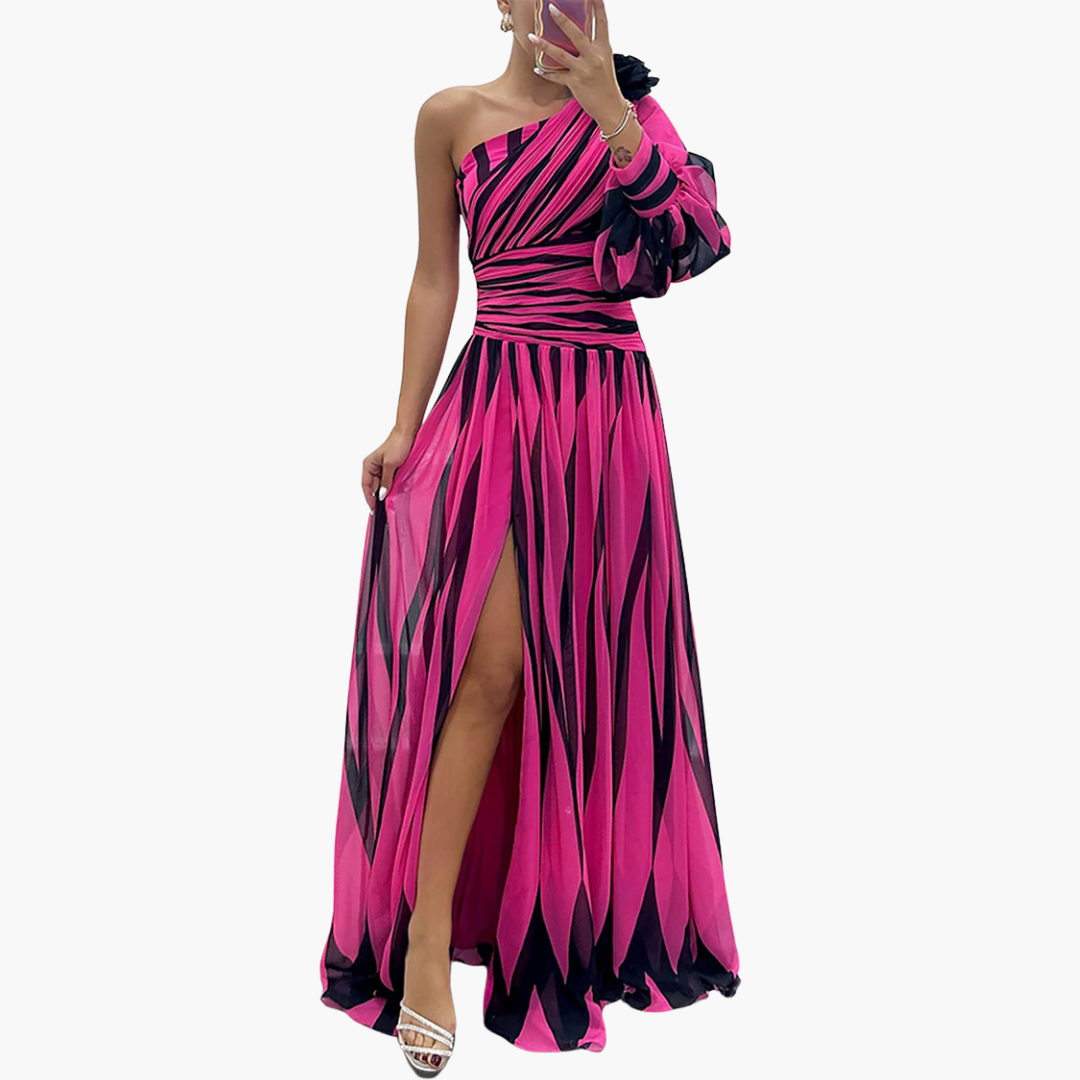 Susan - Ein-schultriges - Print Puff Ärmel Maxi Kleid mit Schlitz