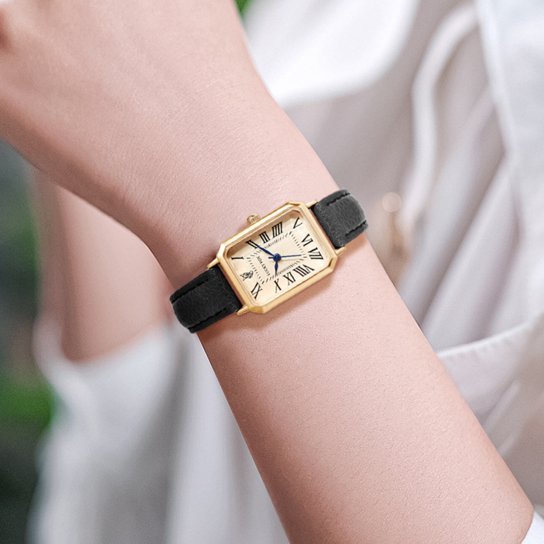 Women's Leather Strap Tank Square Roman Numeral Dress Watch