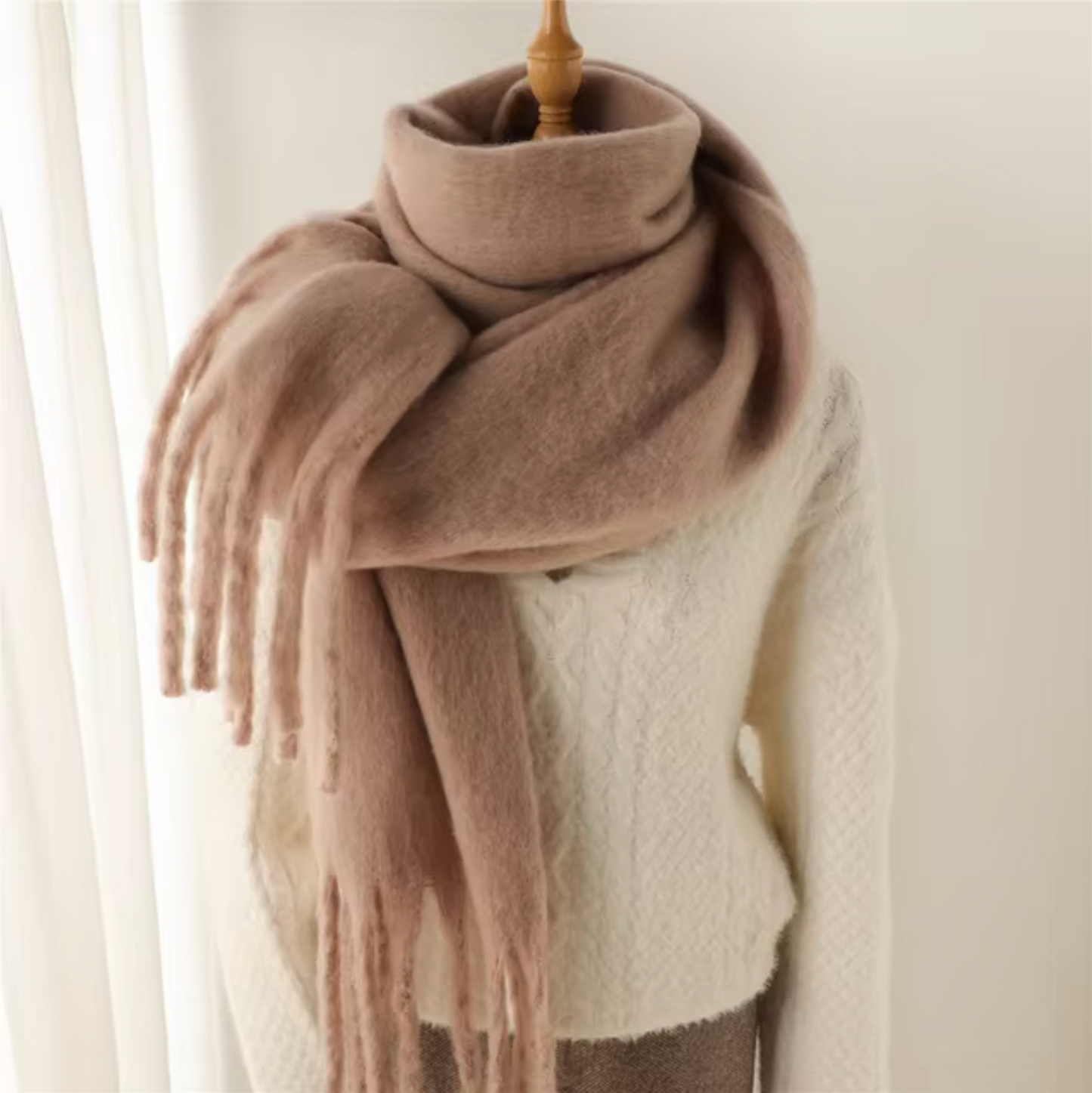 Women's Wool Mix Oversized Tassel Knit Scarf Heavyweight Chunky Wrap