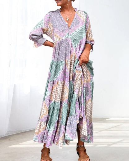 Robe Femme Maxi Imprimé Patchwork Coupe Ample Col V Manches 3/4