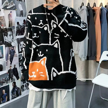 Jasper – Long Sleeve Cat Print Sweater With Round Neck