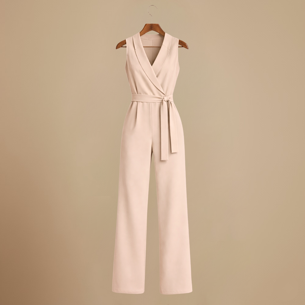 Women's casual v-neck wide leg jumpsuit with waist strap