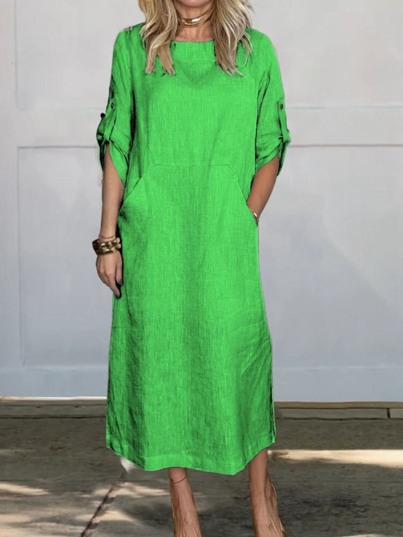 Comfortable plain linen dress with pockets for women