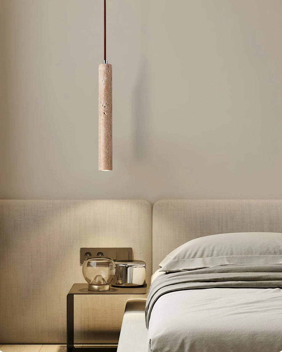 Natuurlijke travertin hanglamp met cilindervormig design voor eetkamer en hal – Japandi natuursteen verlichting | Restfield