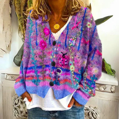Damen Floral Strickcardigan | Mit Knopfleiste