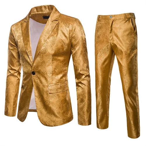 Men’s Jacquard Suit Set Slim Fit Formal Blazer Trousers