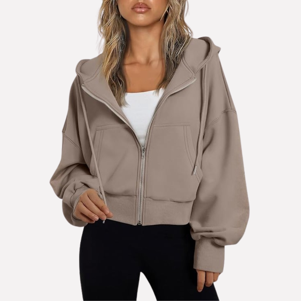 Women’s Zip Hoodie Relaxed Fit Cropped Drawstring Jacket