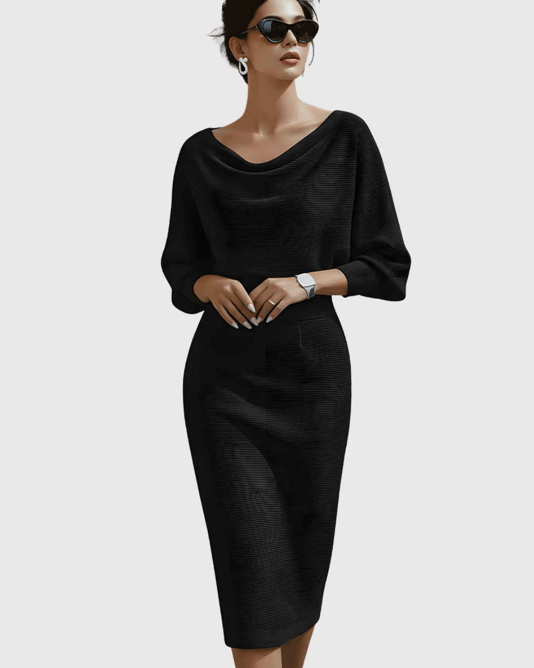 Women's Cowl Neck Batwing Sleeve Ribbed Midi Dress