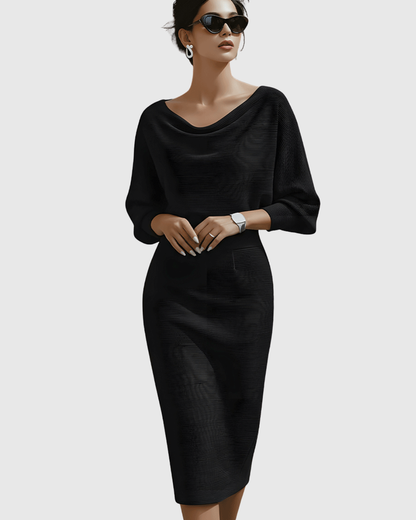 Women's Cowl Neck Batwing Sleeve Ribbed Midi Dress