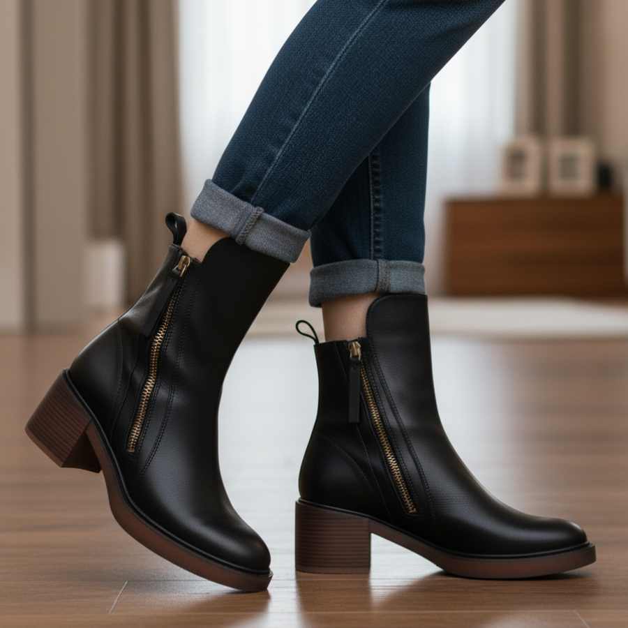 Black Leather Ankle Boots in Black - View 12.0 | Roselva