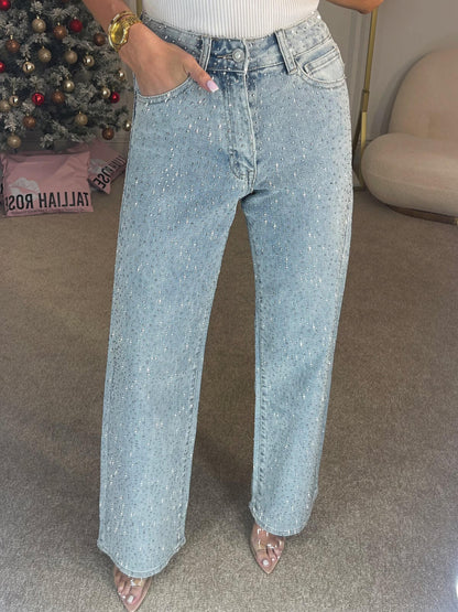 Jean glamour taille haute à jambes larges et brillance subtile