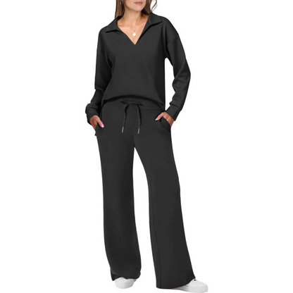 Chic Women's V-Neck Two-Piece Set with Relaxed-Fit Pants | Modern