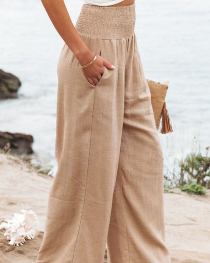 Damenhose aus Leinenmischung mit Smokarbeit und Taschen